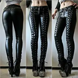 Frauen Hosen Steampunk Frauen Kunstleder Rüschen Hosen Karneval Party Skinny Button Hosen женские штаны Mujer Pantalones 2021