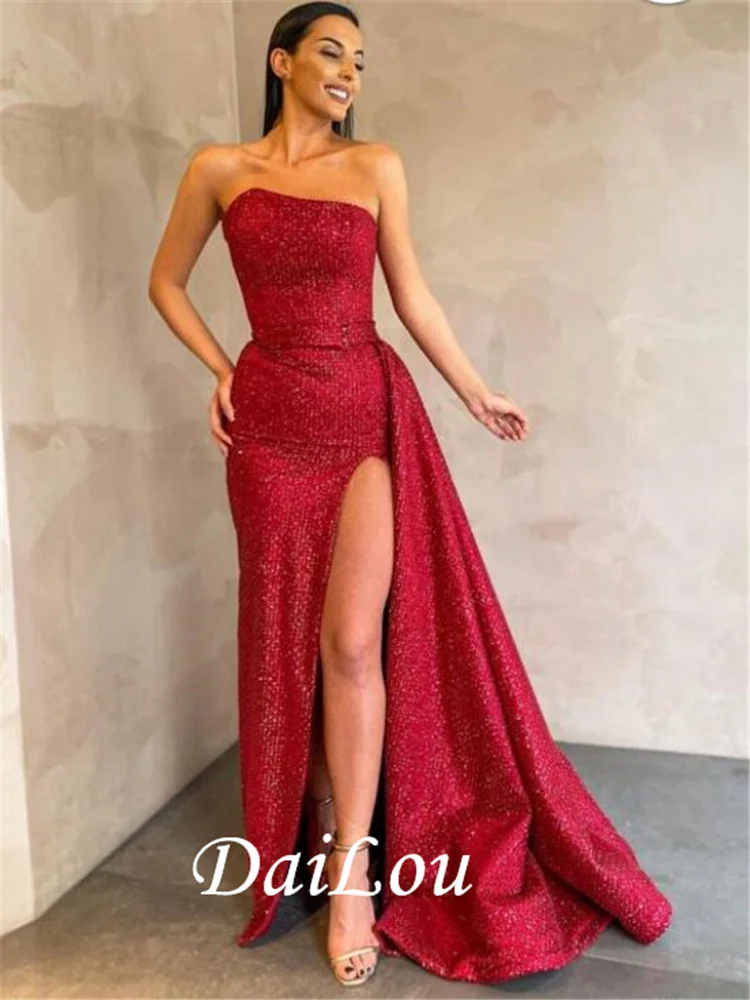 Sexy Strapless  Floor-length 	Zipper Red Sequins Formal Evening Prom Dress 2021