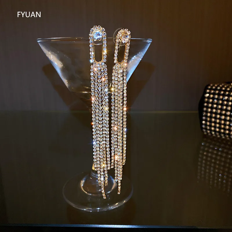 

FYUAN Geometric Full Rhinestone Earrings for Women Bijoux Long Tassel Crystal Dangle Earrings Statement Jewelry