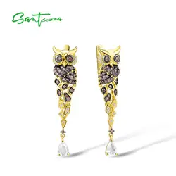 SANTUZZA Silver Earrings For Women 925 Sterling Silver Gold Color Sparkling Chocolate CZ Creative Owl Drop Earrings Fine Jewelry