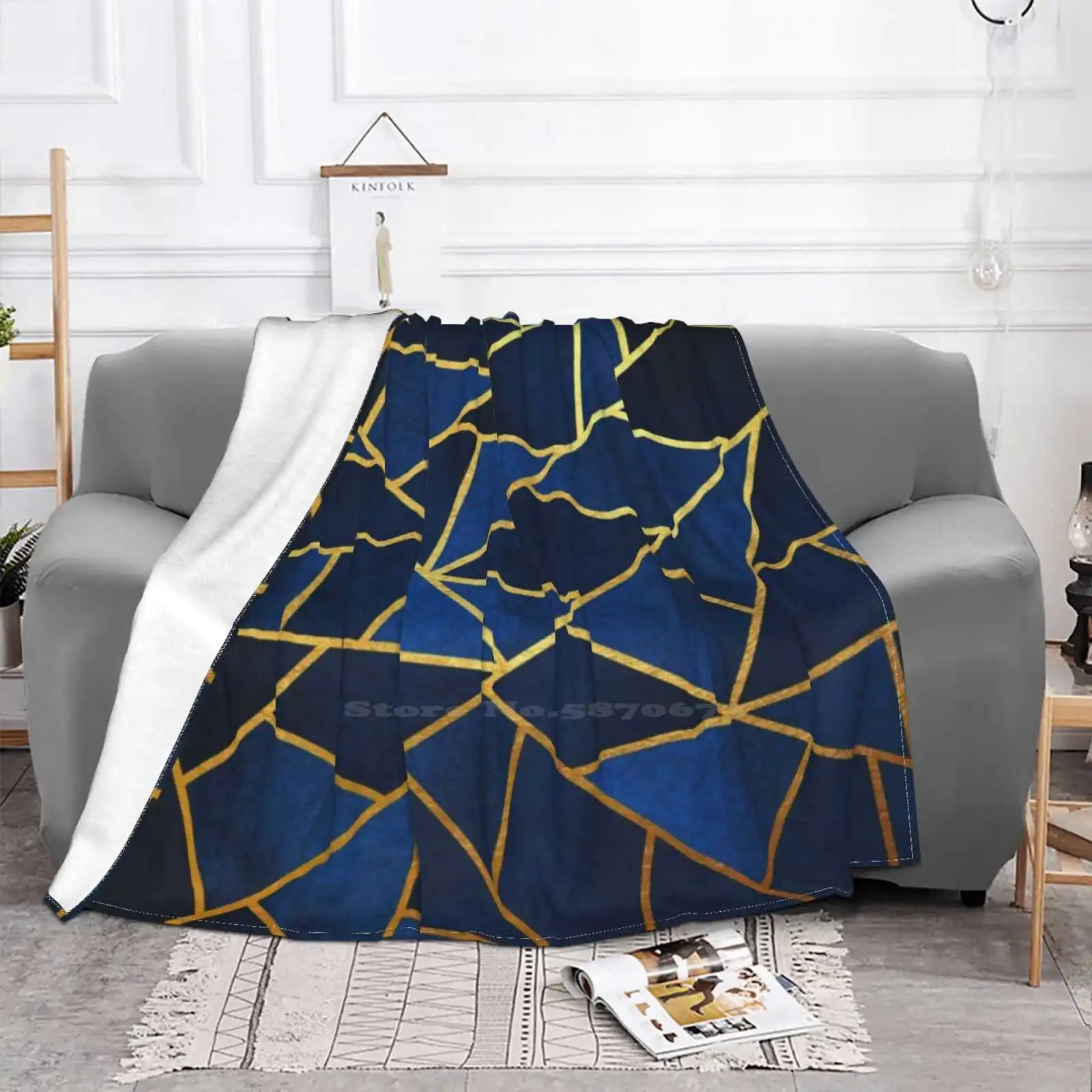 Navy Gold Stone Geometric Super Warm Soft Blankets Throw On Sofa/Bed/Travel Navy Gold Ele Tumblr Modern Graphic Geometric