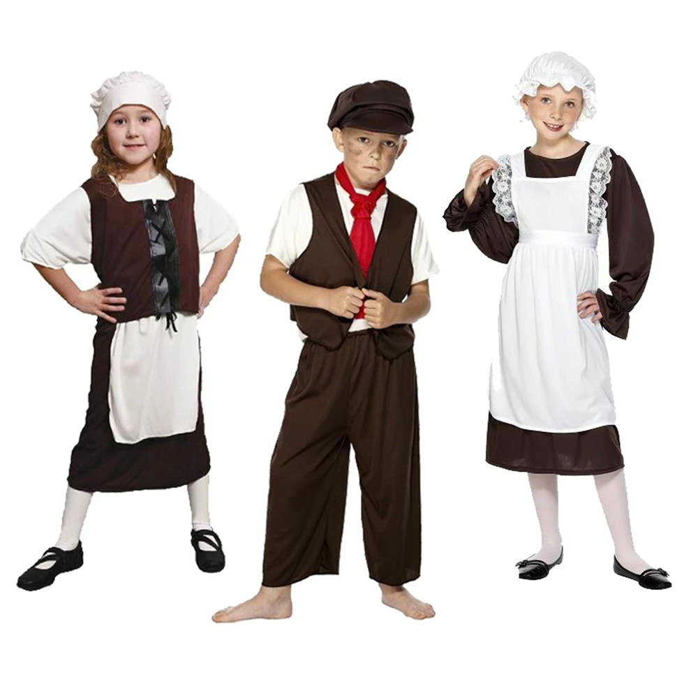 Medieval Maid Dress Girls Cosplay Victorian Poor Boy Urchin Children School Book Week Fancy Dress Halloween Costume For Kids