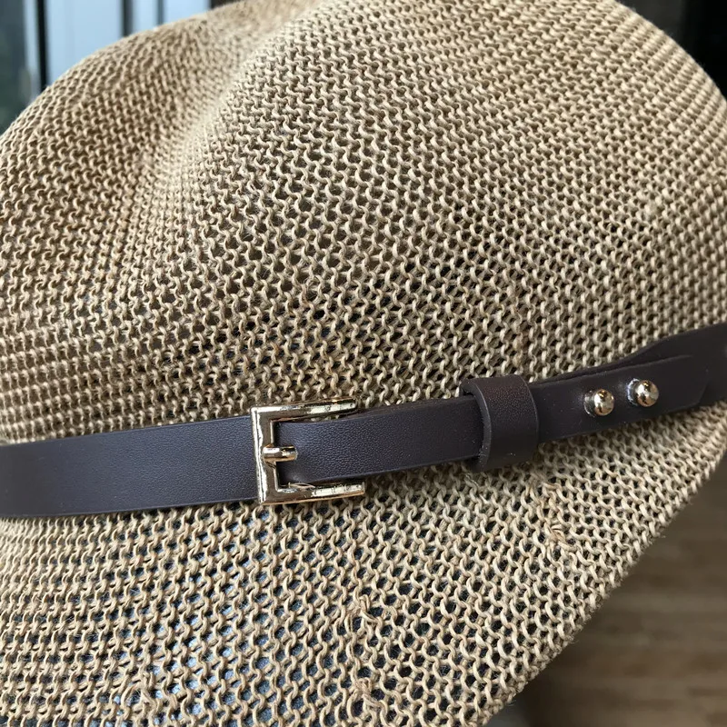 Gorra octogonal de paja para mujer, gorro fino de verano, boina de punto con cuerda ajustable, malla transpirable, para la playa, 2021