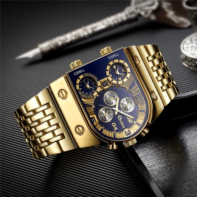 Oulm 9315 Zilver Goud Blauw Quartz Horloges Mannen Luxe Merk 3 Time Zone Militaire Horloge Man Klok Volledig Stalen Horloge