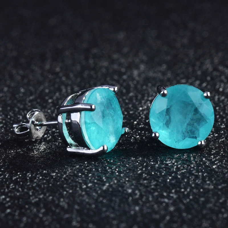 925 Sterling Silver Earrings 10*10mm Paraiba Tourmaline Gemstone Round Stud Earrings Jewelry For Women Jewelry Anniversary Gift
