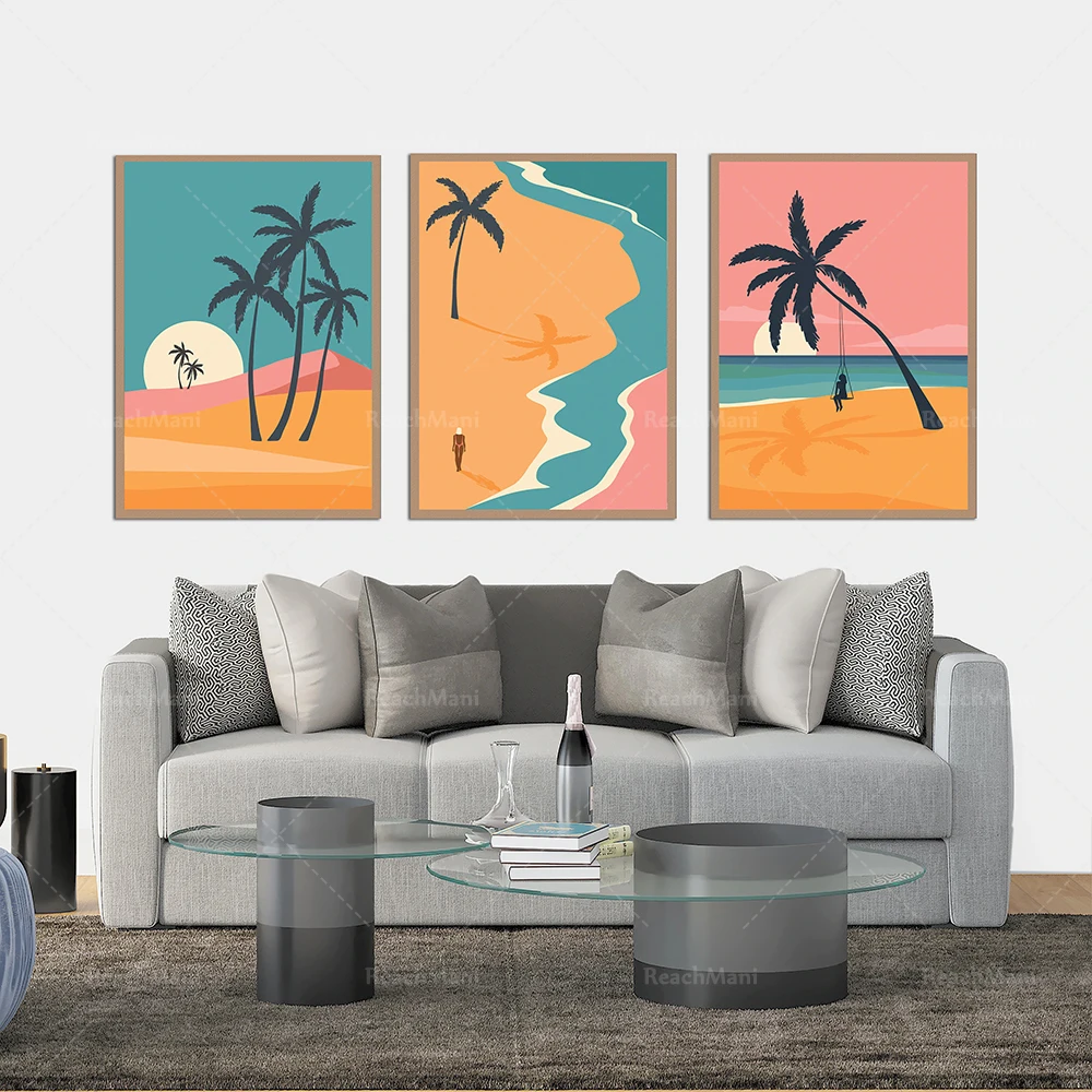 Tropical prints, summer beaches, the smallest river in the middle of the palm century, sun wall art prints, modern and stylish l