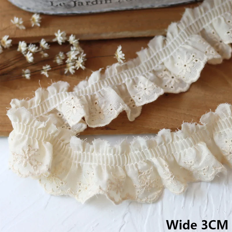 3CM Wide Beige Cotton Pleated Fabric Embroidered Lace Fringe Ribbon Dress Guipure Neckline Cuffs Ruffle Trim DIY Sewing Decor