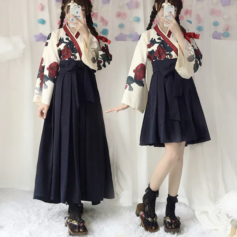 Women Fashion Japanese Style Vintage Kimono Floral Print Long Sleeve Dress Hanfu Cosplay Girl Outfits Top+Bow Skirt 2 Piece Sets