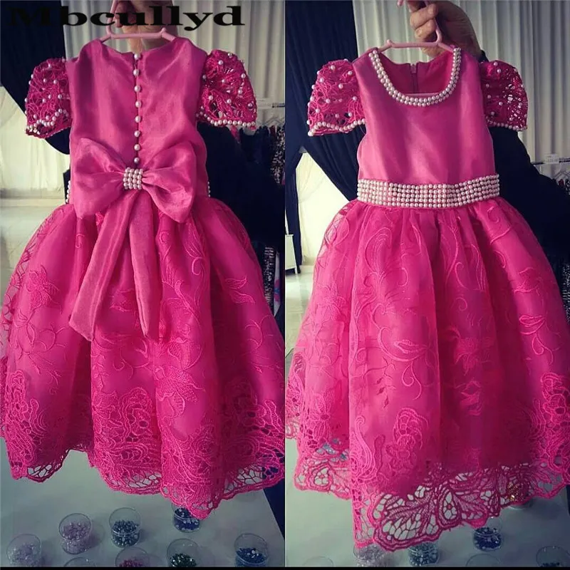 Mbcullyd Fuschia Lace Flower Girl Dresses For Weddings 2023 Primera Comunion Gown With Pearls Littler Girls Birthday Party Dress