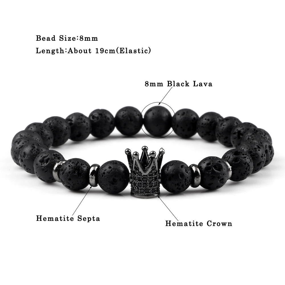 Vintage CZ King Crown Charm Bracelets For Men 8mm Natural Black Lava Stone Beads Stretch Bracelets Fashion Women Healing Jewelry