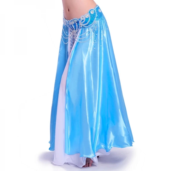 Nieuwe Vrouwen Buikdans Rok Side Slit Chiffon Satijnen Rok Stage Performance Buikdans Kostuum Dubbellaags Buikdansen Rok