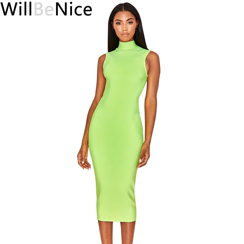 

WillBeNice 2019 Summer Women Dress Sleeveless High Neck Bodycon Women Bandage Dress Clubwears Celebrity Party Dres