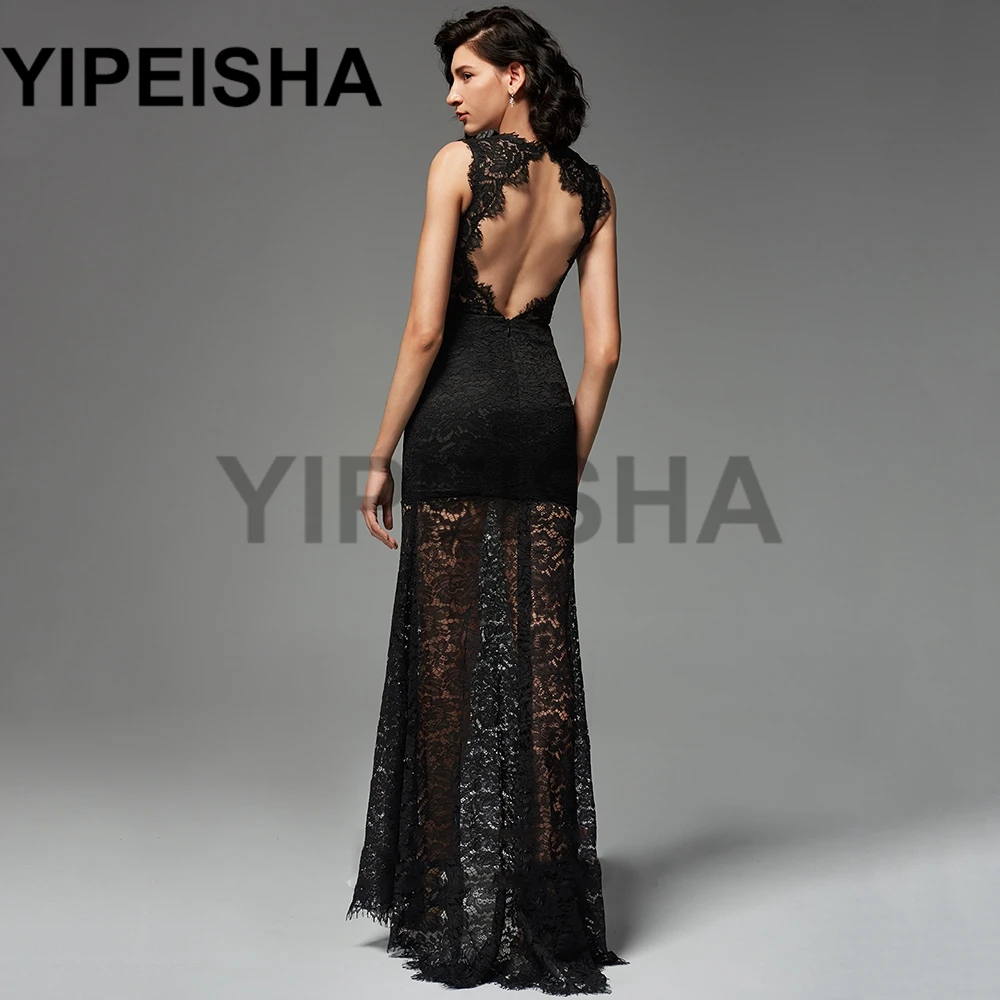 O pescoço Sem Mangas Backless Frente Alta Dividir Vestidos de Noite See-Through Lace Sexy Prom Vestido de Festa vestidos de fiesta فساتين السه