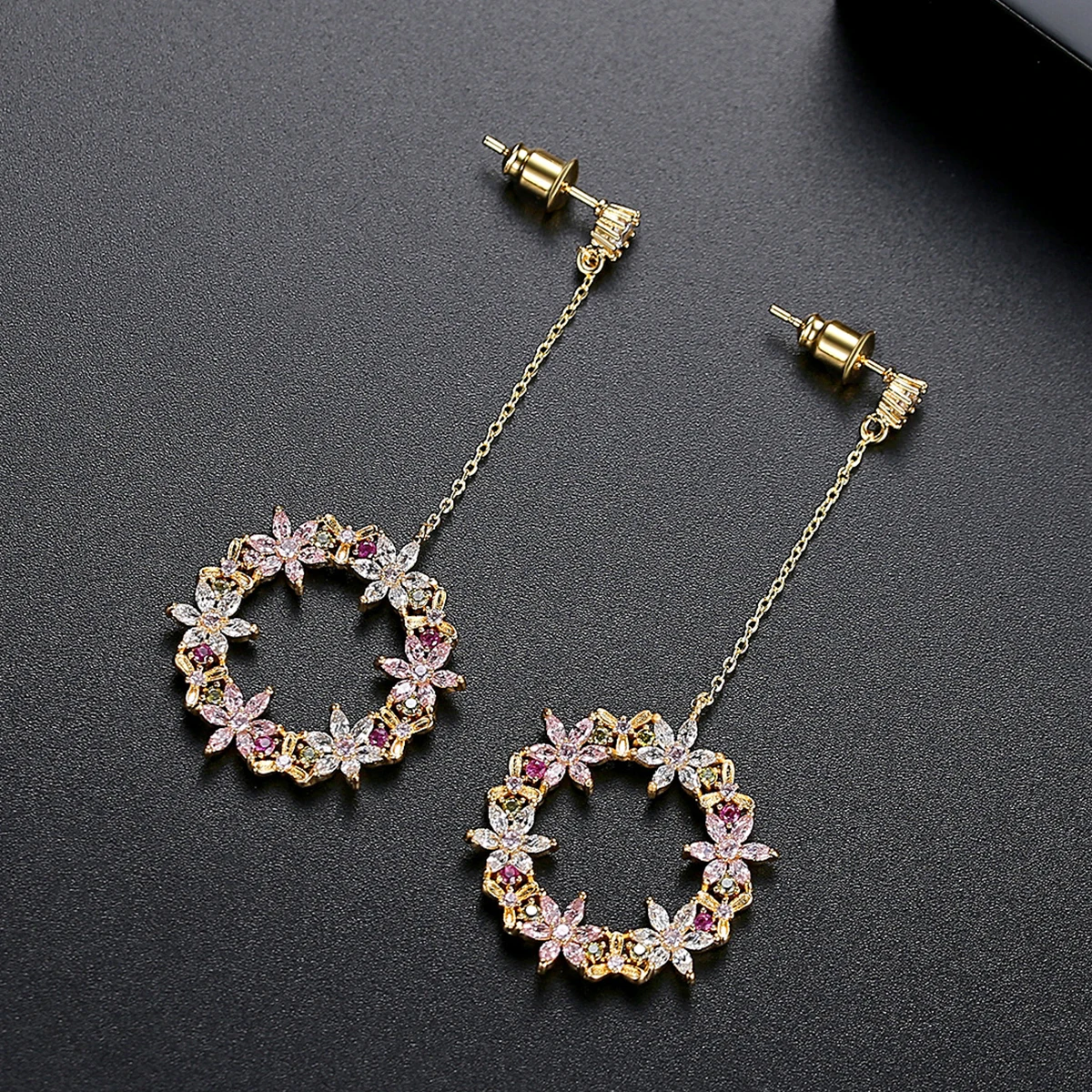 LUOTEEMI Fancy Multiple Flower Long Drop Dangle Earring for Girl Korean Fashion Cubic Zircon Bridal Wedding Christmas Jewelry