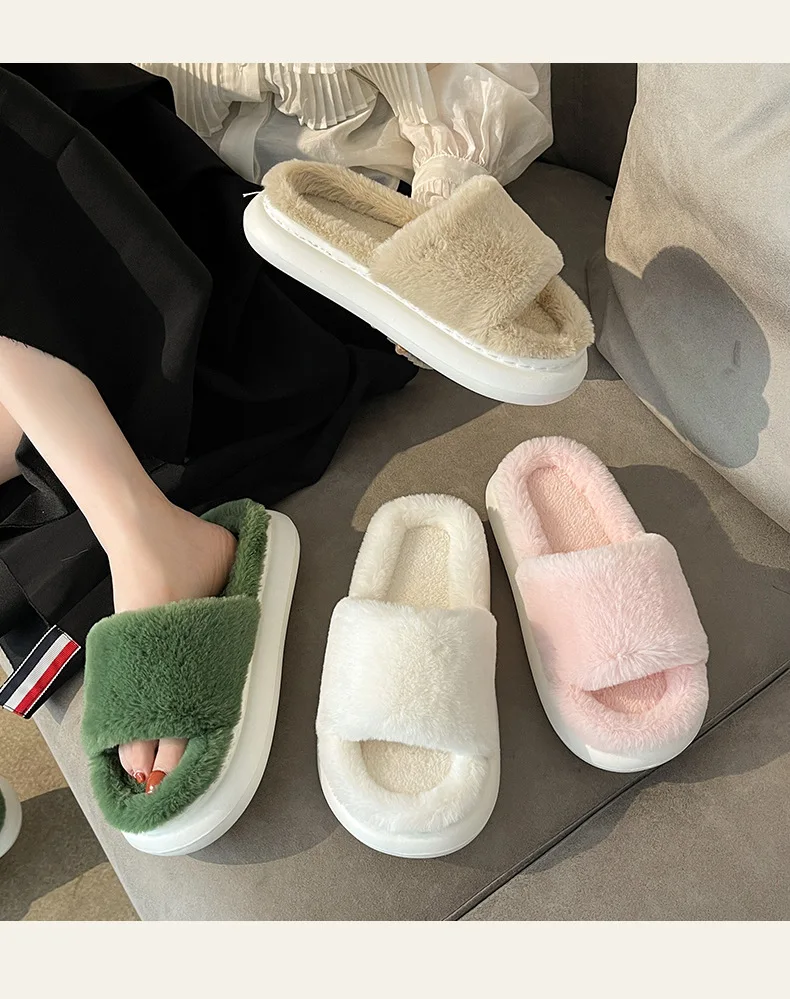 

Winter Women's Slippers Thick-bottomed Fur Furry Slippers for Home Soft Platform Shoes 2021 Indoor House Warm Cotton Slides