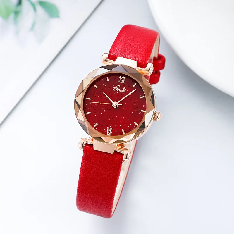 Unique Fashion Rose Gold Women Watches Starry Sky Stylish Red Color Rhombic Dial Elegant Lady Wristwatch GEDI Brand Quality Hour