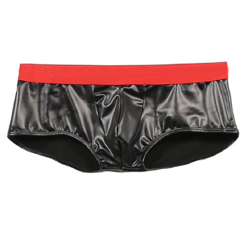 Sexy Mens Convex Crotch Men's Underwear Boyshorts Plus-Size Low-rise Boxers Stage Suit Leotard Faux Latex Leather PU Underpants