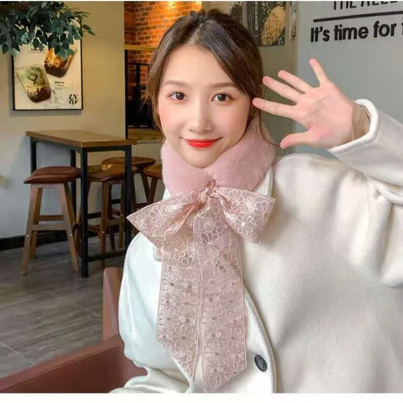 Beżowy Korea Koronkowy Moda Jesień Zima Kobiety Lady Faux Fox Furry Plush Scarf Grass Collar Fur Scarf Nowy prezent Bufanda