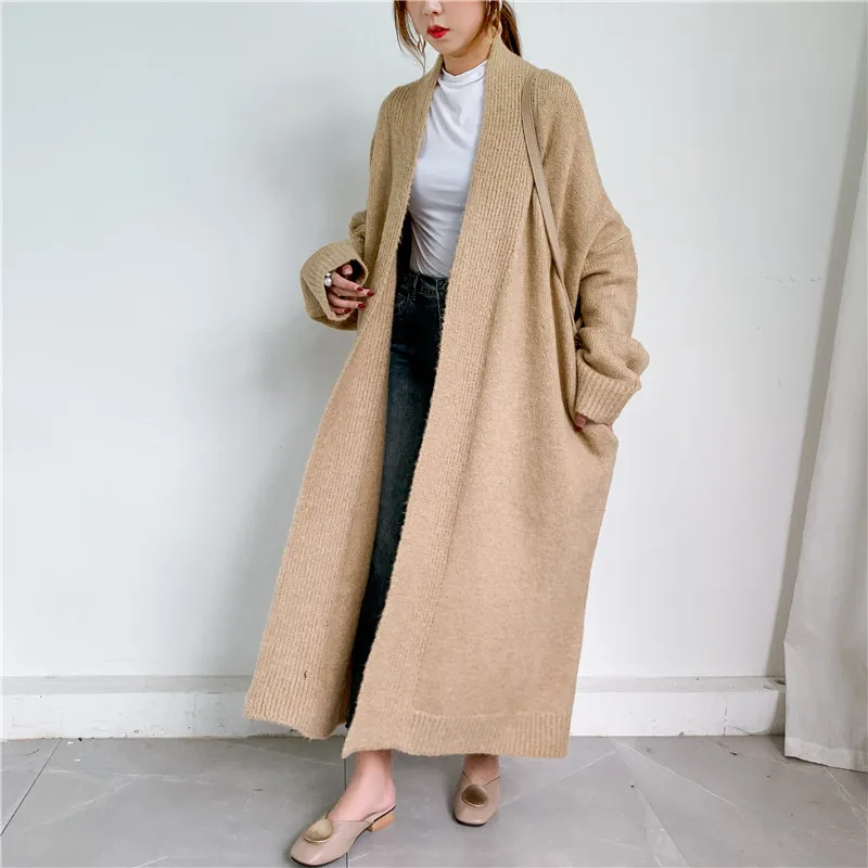 [ZAYAU]Autumn and Winter Relaxed Lazy Wind Long over Knee Thick Line Alpaca Cashmere Knitted Cardigan Thickened Large Size Coat