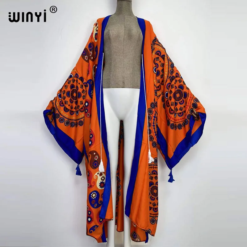 2022 WINYI new Bikini Kaftan Sweet Lady Pink Boho Print Self Belted Front Open Long Kimono Dress Beach Tunic Women Wrap Dresses