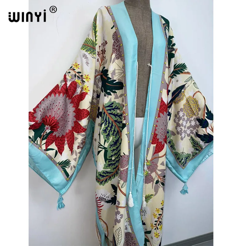 Imagem -02 - Sukienka Outono 2023 Winyi Feminino Cardigan Solto Vestido Longo Coquetel Boho Maxi Africano Feriado Batwing Manga Quimono Robe