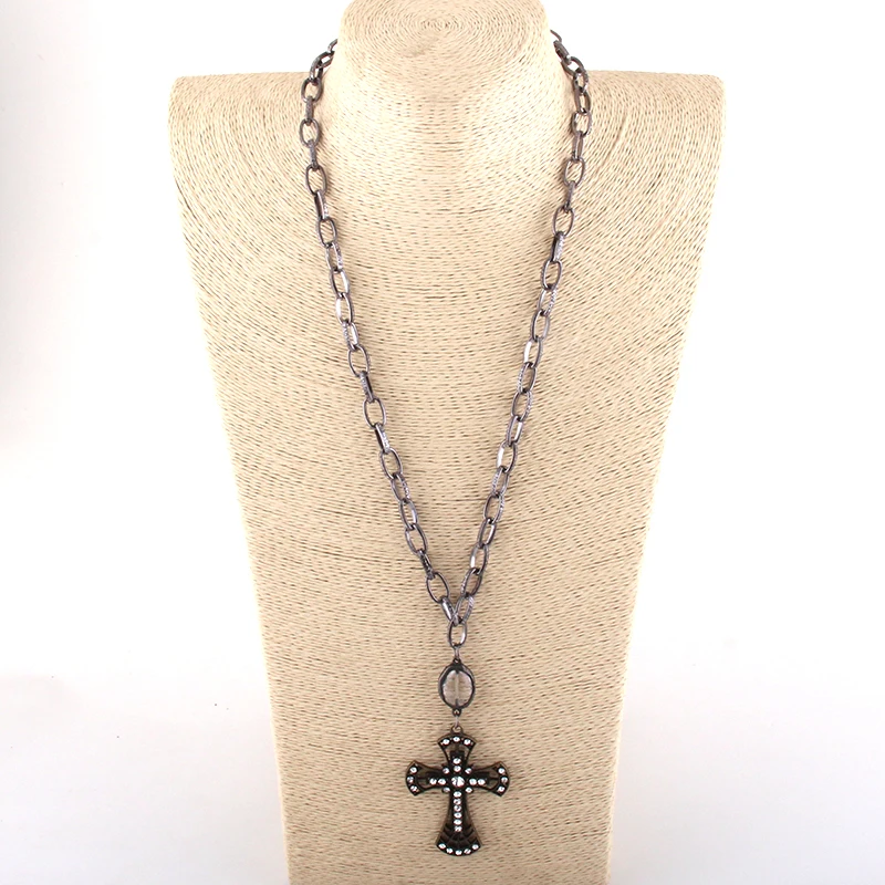 Fashion Bohemian Jewelry Black Gun Plated Chain Glass Pendant Solider Cross Necklaces