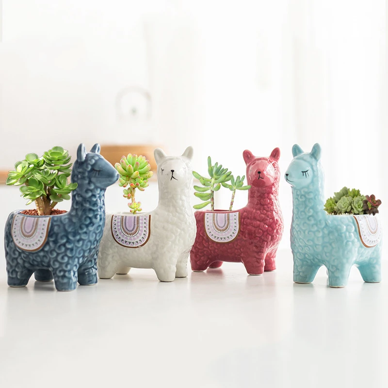 Cute Alpaca Flower Pot Planter Desktop Ornaments Indoor Ceramic Vase Home Garden Decoration Bonsai Succulent Pot Plant Pot