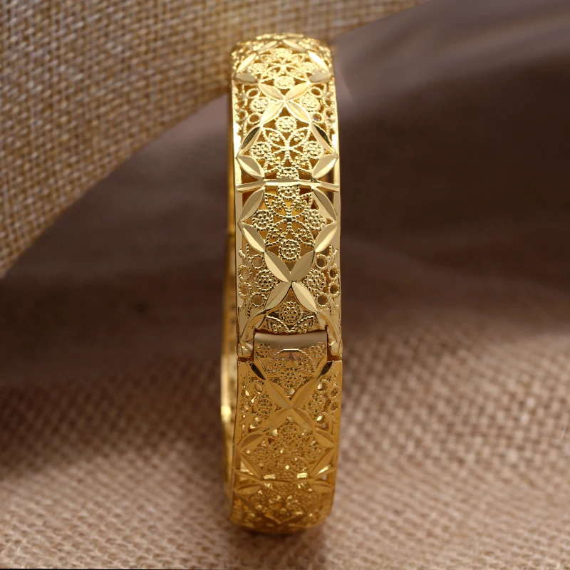 Dubai Gold Color Big Flowers Bangles Set for Women Copper Alloy Ethiopian Arabic Indian Style Wedding Jewelry Gift