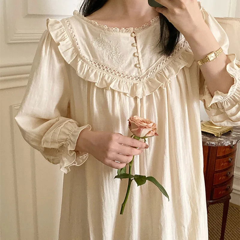 New Vintage Embroidery Cotton Long Nightgowns For Women  Long Sleeve Beige Elegant Nightshirts Comfortable Plus Size Night Dress