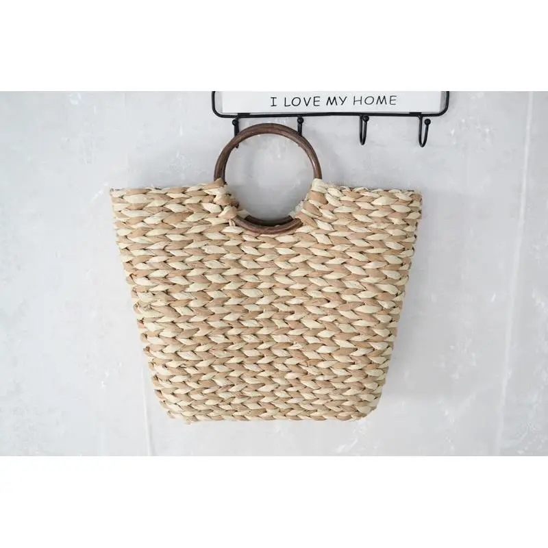 Sac de paille d'été pour femmes, sac de plage tissé de couleurs mélangées, poignée ronde en bois, nouvelle collection 2020, a6227