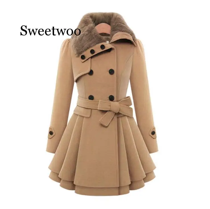 

S-5XL Women's Winter Slim Long Wool Sherpa Coat Double Breasted Padded Korean Cashmere Coat England Style Trench