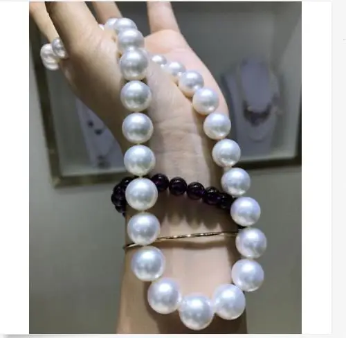 

gorgeous huge 18"12-14mm natural freshwater white round pearl necklace 925silver