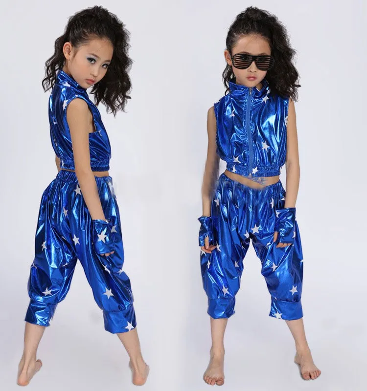 Kids Modern Dance Girl Jazz Dance Children Sequin Hip Hop Costumes  Stage Jazz Dance Costumes Suit Girls Dancing Top and Pants