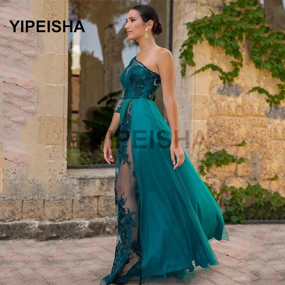 2021 Sexy Sehen-Durch Ein-Schulter Abendkleid Spitze Appliques Drei Viertel Ärmeln IIIusion Prom Party Kleid roben de soirée