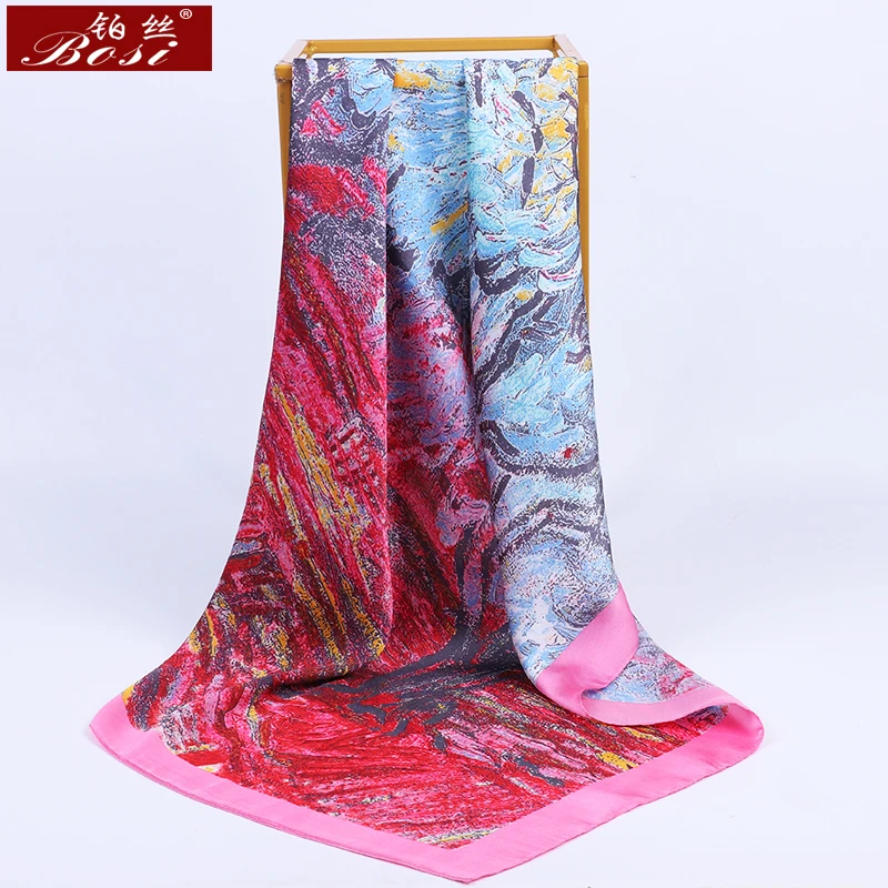 BOSI Fashion Square Head Hijab print pink Silk Satin Scarf for Women 90*90cm Shawl Ladies print Bandana Women\'s Brand Scarves