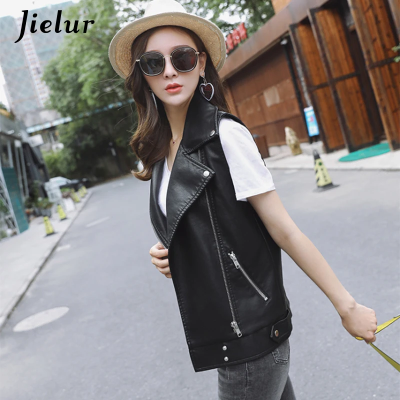 Jielur 2021 Women Leather Vest Black Chicly Mujer Coat High Street Vintage Leather Clothing Autumn Winter Coat Vest Zipper M-L