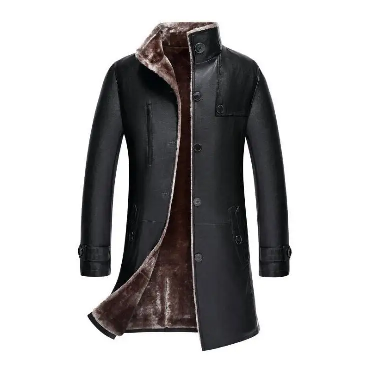 

New Plus Size Hot Men's Business Casual Leather jacket Men Korean Winter Warm stand collar Outwear Mens Long Fur Coats M-5XL