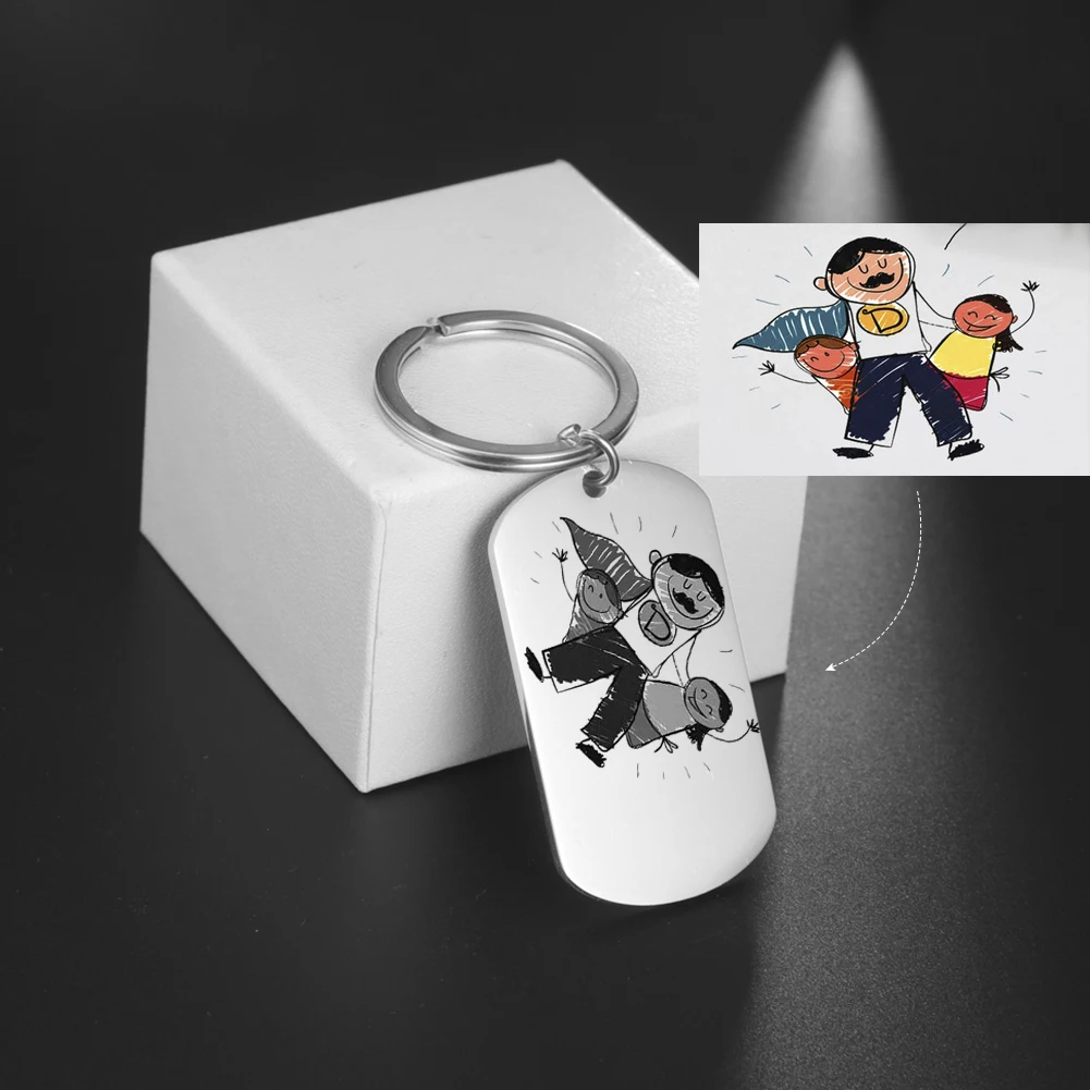 Lemegeton Custom Children Drawing Keychain Personalized Handwriting Kids Artwork Key Chain Stainless Steel Husband Gifts