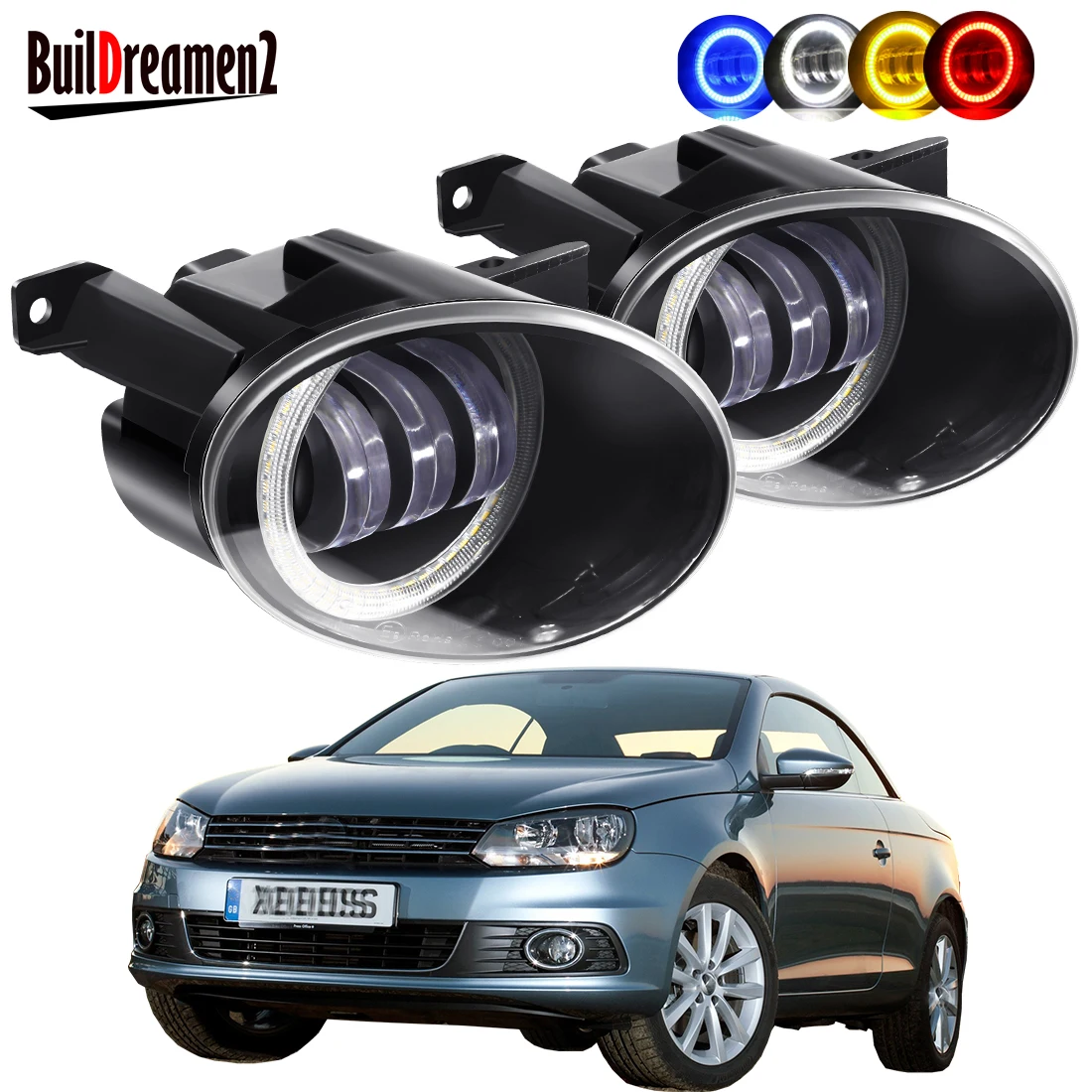 

2 X Car Right + Left Angel Eye Fog Light Assembly LED Lens Fog Daytime Lamp DRL 30W 6000LM 12V For Volkswagen VW EOS 2011-2018