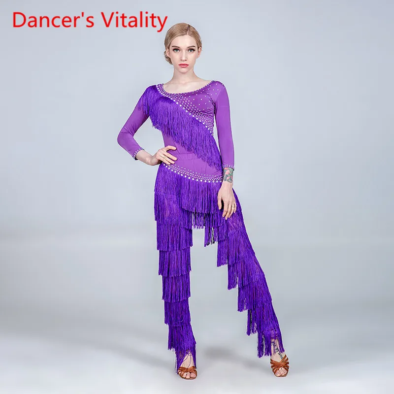 Women Tassel Glitter Rhinestone Top Pants Trousers Latin Dance Wear Rumba Samba Tango Cha Cha Dancing Competition Stage Outfits