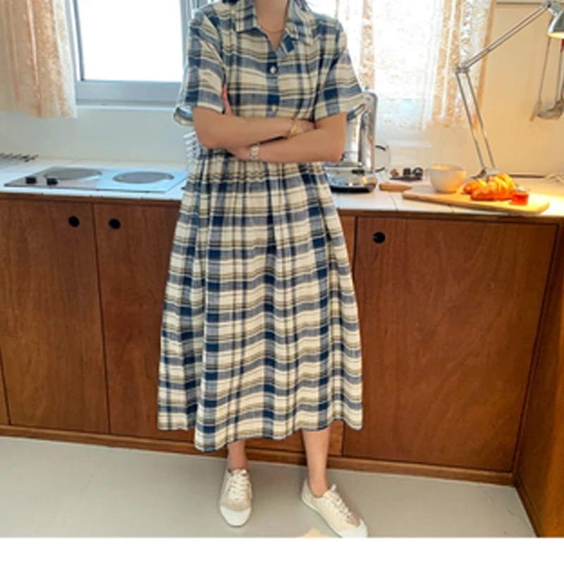 2023 Summer Women Dress Oversize Plaid Vestidos Loose Short Sleeve Female Dress Button Design Ladies Robe Clothing KE71