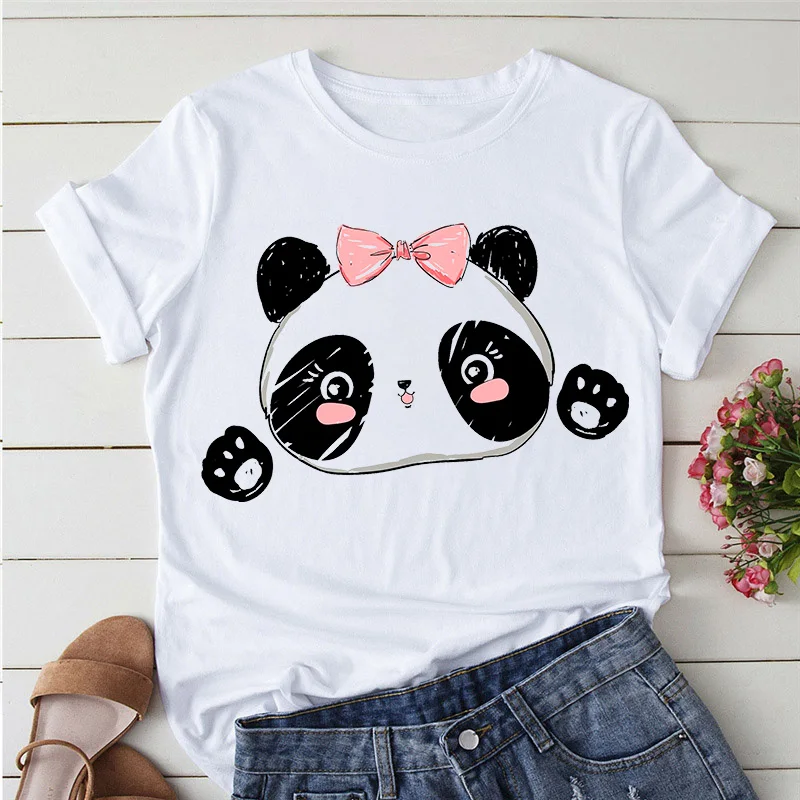 Camisetas de dibujos animados para mujer, camiseta Kawaii con estampado de Panda y Yoga, camiseta de manga corta, camisetas informales para mujer