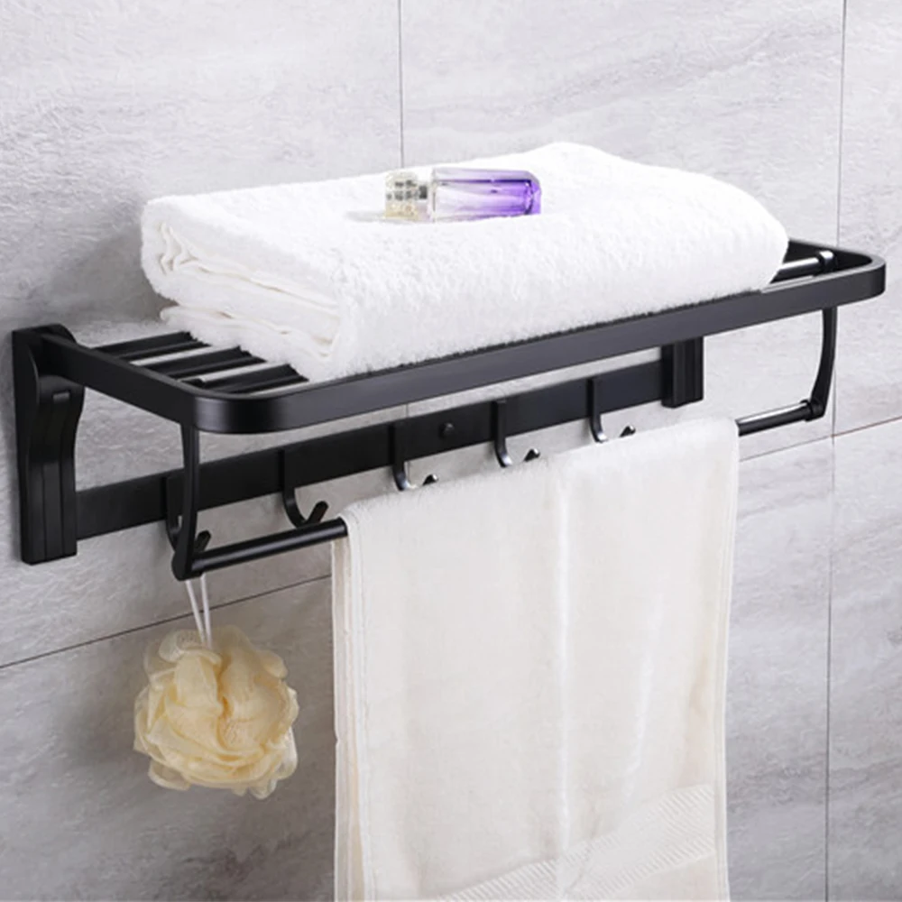 TAICUTE Towel Rack Shelf with Hooks Movable Bar SUS 304 Stainless Steel Holder Wall Mount Bathroom Accessories Black