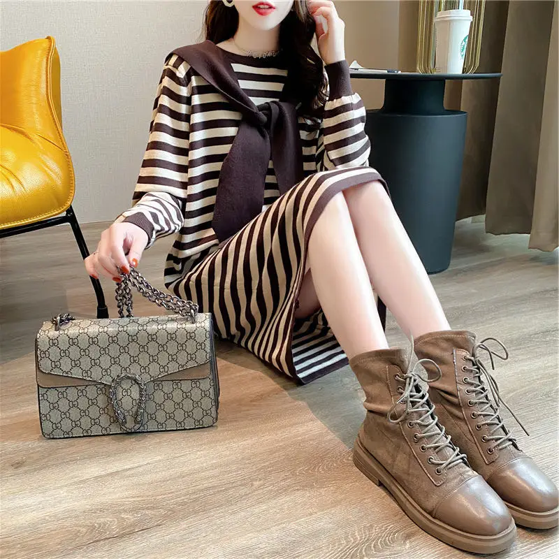 2020 Autumn Winter Women Loose Striped Sailor Knitted Dress Casual Long Sweater Dresses Pullovers Oversized Fashion Tops Outfit