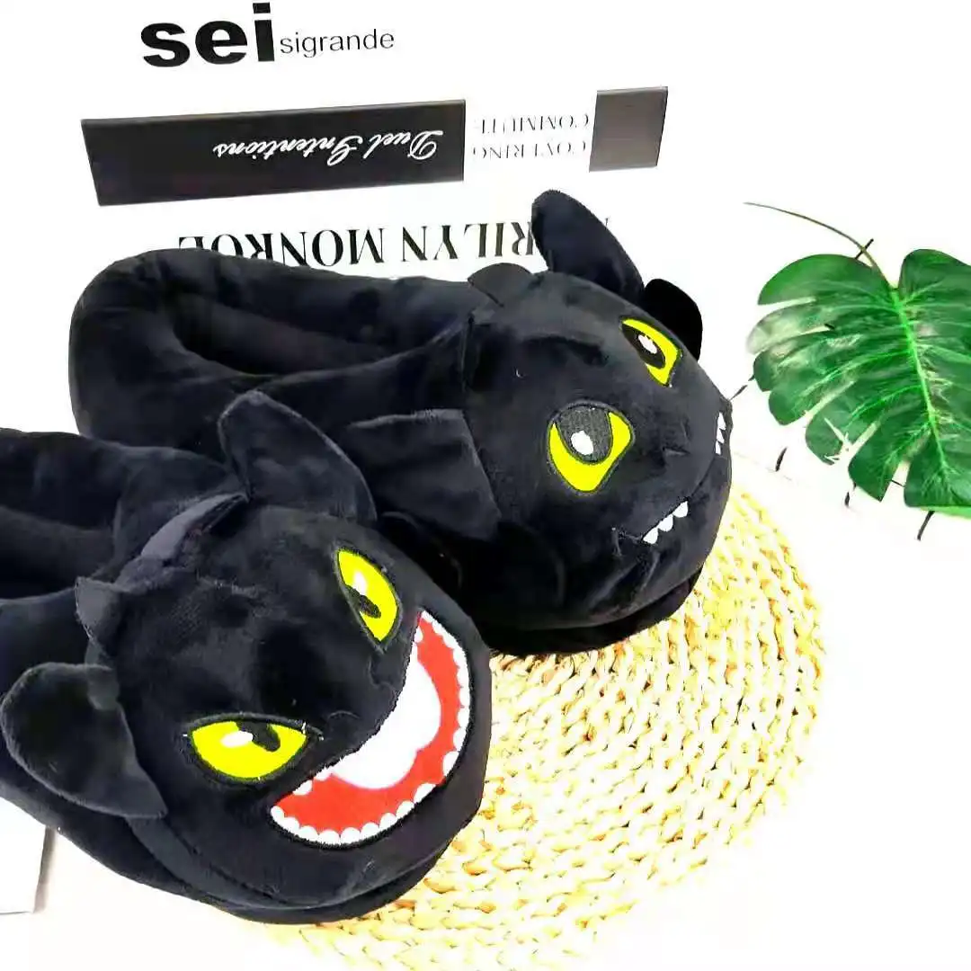 Black Winter Home Slippers For Womens Cute Cartoon Dragon Women Furry Slippers Couples Warm Lightweight Soft Man Cotton Shoes