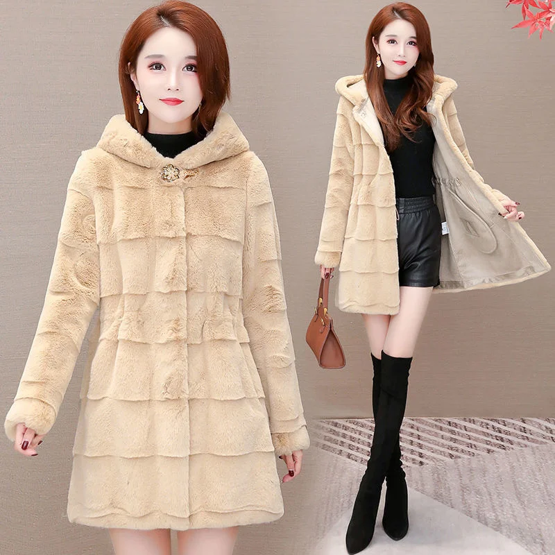 Women Basic Coats NicePop Fashion Winter Jacket Imitation Mink Coat Mid-length Hooded Warm Imitation fur Casual Jacket Women