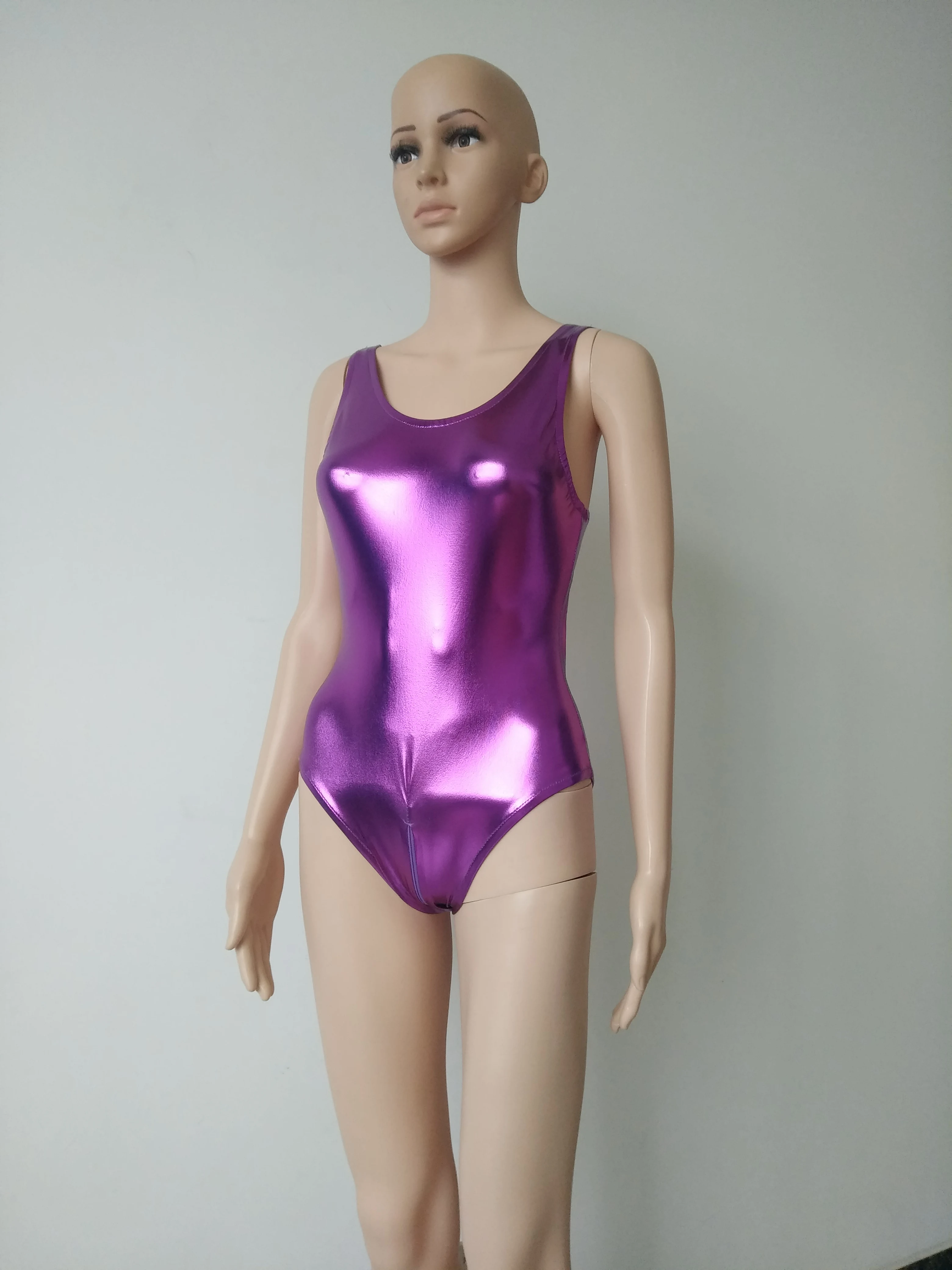 Shiny metallic girls short Bodysuit Zentai Costume One Piece Swimwear Swimsuit with Crotch zipper