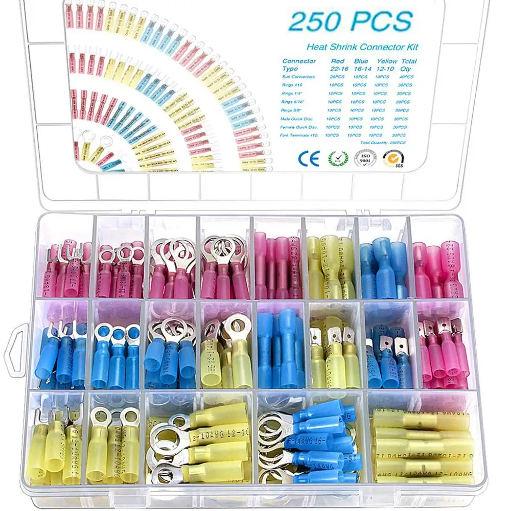 

250pcs Heat Shrink Wire Connectors Marine Electrical Terminals Kit, Waterproof Automotive Ring Set with Case