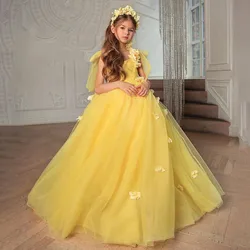 Yellow Ball Gown Flower Girl Dress Scoop Neck Sleeveless Bow Flowers Long First Communion Gowns Soft Tulle Pageant Dresses