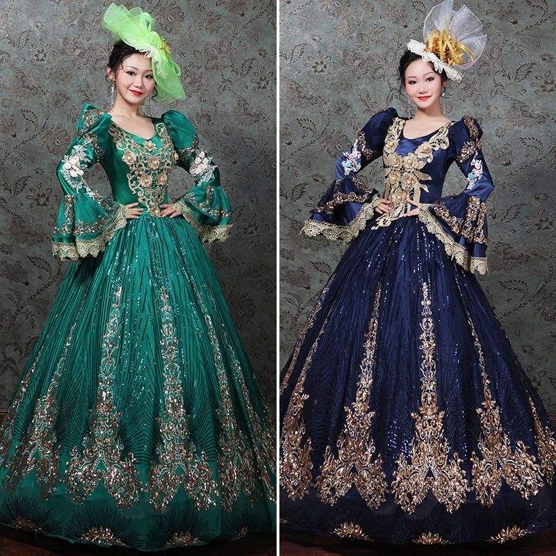 Plus Size S-3XL Gold Appliques Pattern Marie Antoinette Period Dress V-Neck Women Rococo Baroque Party Dress Ball Gowns Costumes